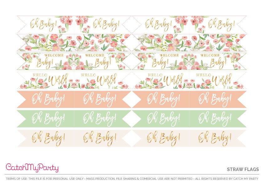Floral Baby Shower Straw Flags