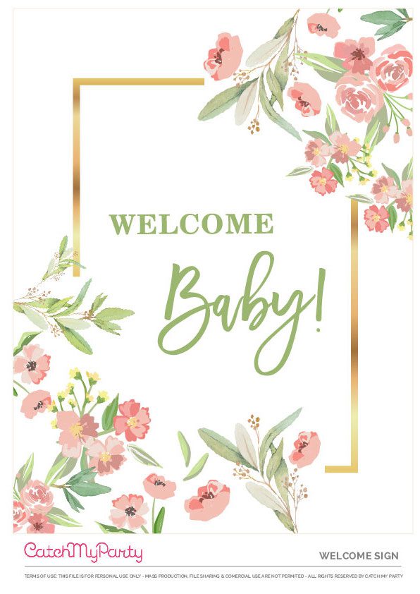 Portrait Floral Baby Shower Welcome Sign with a Gold Frame