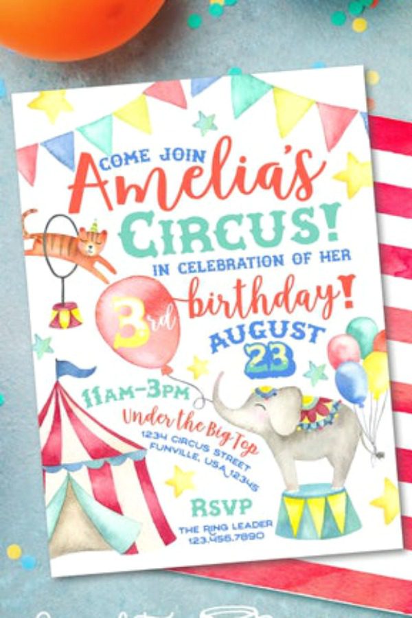 Gorgeous illustrated carnival party invitation with a colorful banner, circus animals and a stripy tent