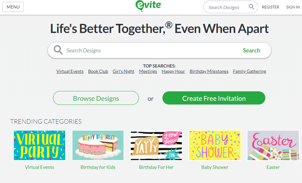 Evite Homepage