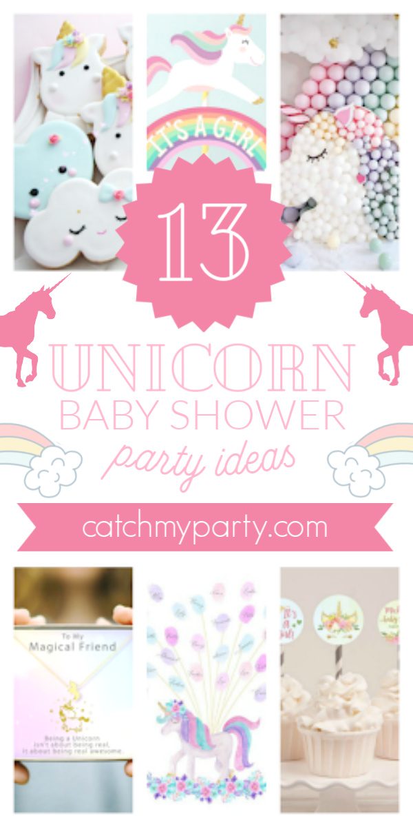 Collage if the 13 most beautiful unicorn baby shower party supplies!