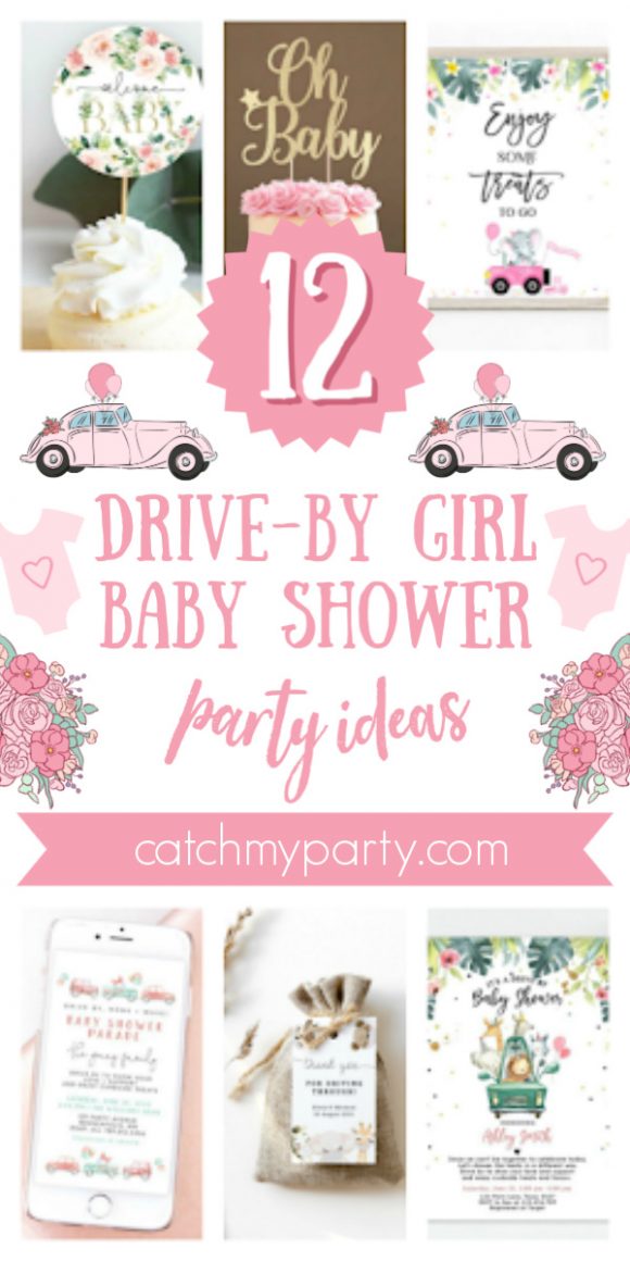 Collage of the 12 best drive-by girl baby shower supplies!
