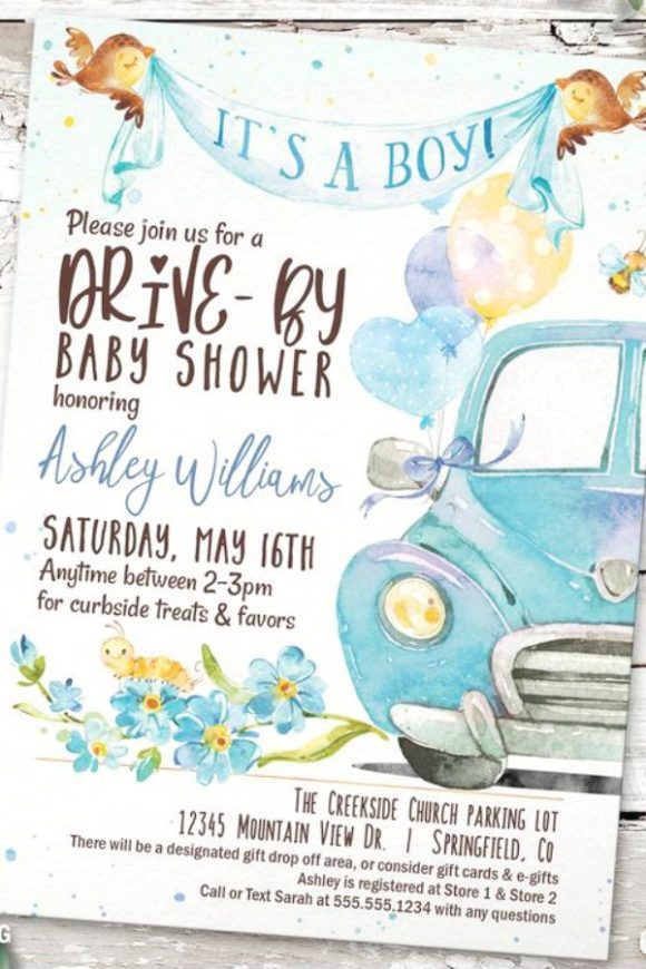 Drive-by Boy Baby Shower Printable Invitation
