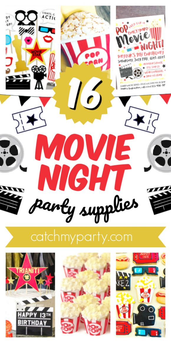 Collage of 16 Awesome Movie Night Party Supplies