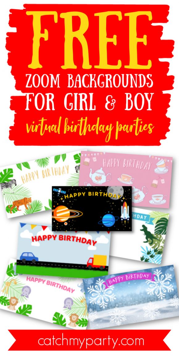 Collage of FREE Zoom Backgrounds for Girl and Boy Virtual Birthday Parties!