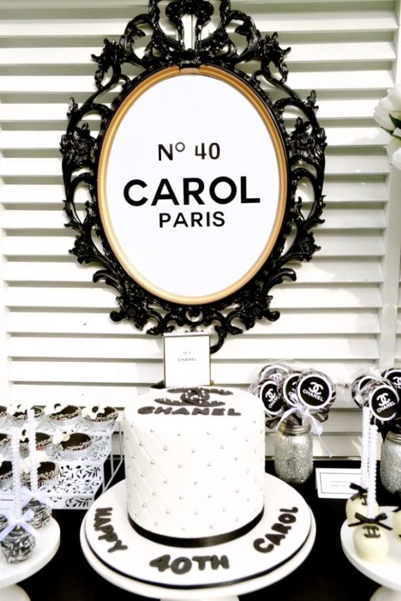 Chanel themed 40th Birthday Party | CatchMyParty.com Chanel themed 40th Birthday Party