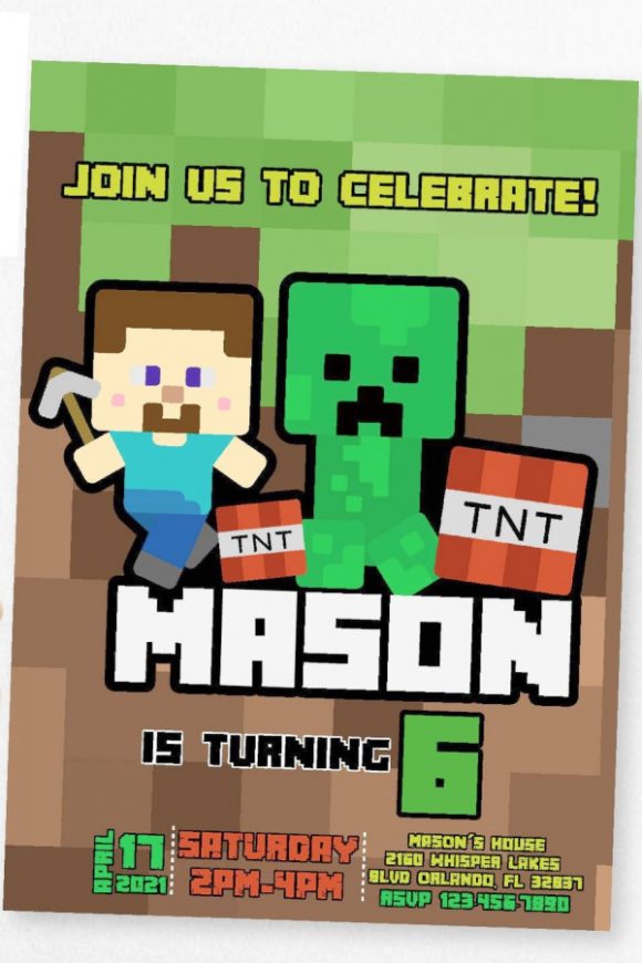 Illustrated Minecraft Birthday Party Invitation