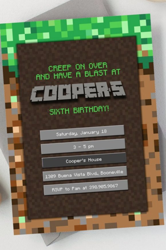 Pixelated Minecraft Birthday Party Invitation