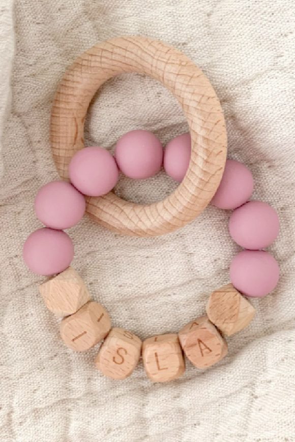 Pink Personalized Wooden Rattle