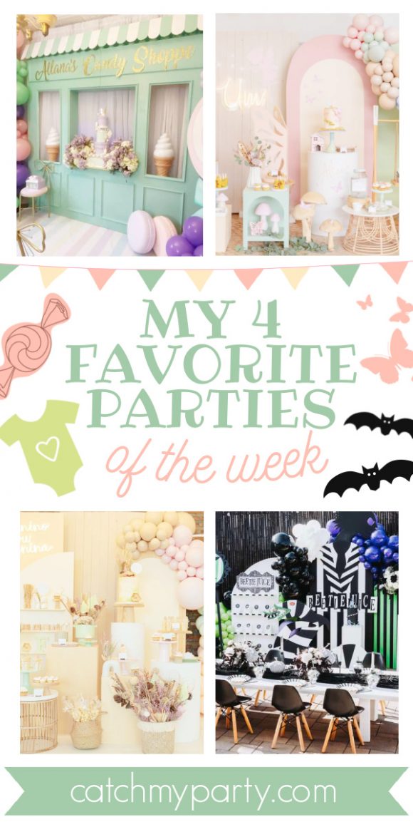 My favorite parties this week include a Candyland birthday party, a garden 1st birthday party, a gender reveal, and a Beetlejuice party | CatchMyParty My 4 Favorite Parties of the Week