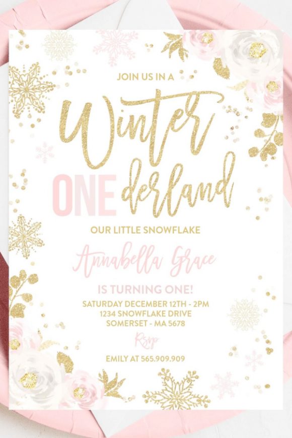 Winter Onderland-Themed 1st Birthday Party Invitation for a Girl