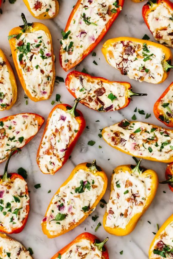 Bacon and Goat Cheese Stuffed Mini Peppers | CatchMyParty.com Bacon and Goat Cheese Stuffed Mini Peppers