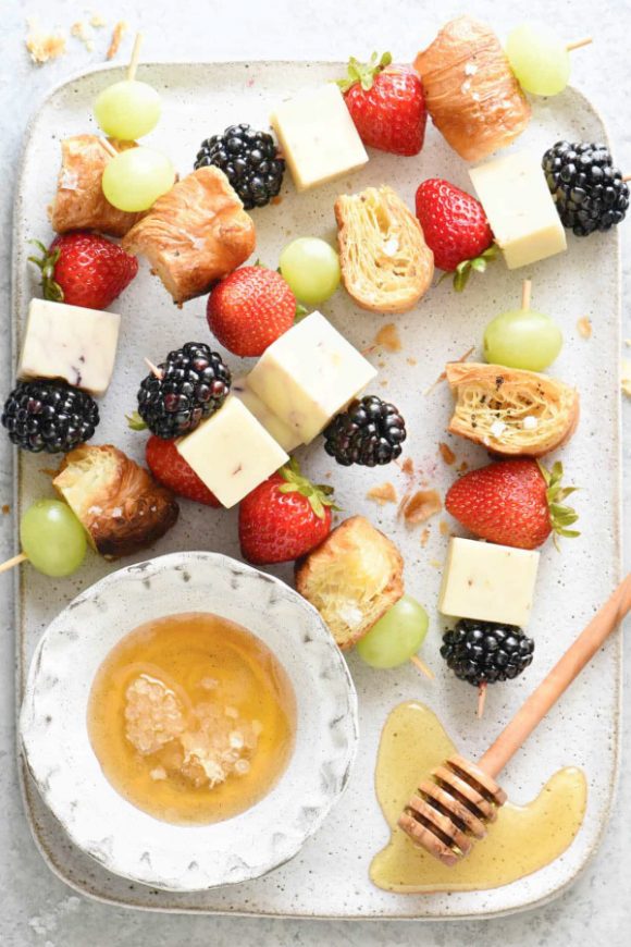 Fruit and Cheese Kabobs with Croissant Croutons | CatchMyParty.com Fruit and Cheese Kabobs with Croissant Croutons