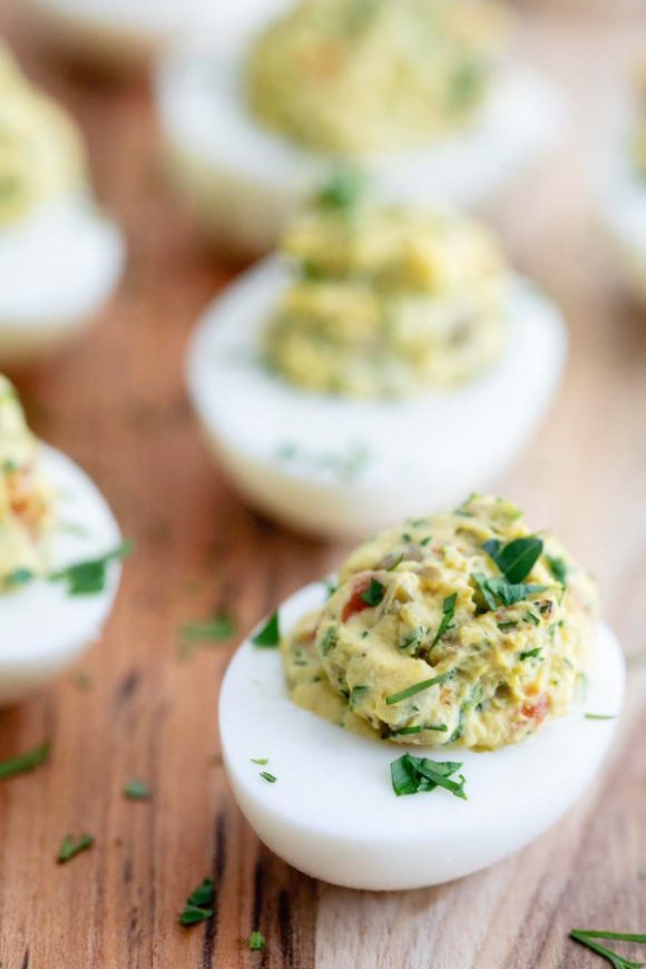 Green Olive Deviled Eggs | CatchMyParty.com Green Olive Deviled Eggs