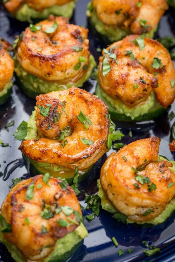 Avocado Cucumber Shrimp Appetizers | CatchMyParty.com Avocado Cucumber Shrimp Appetizers