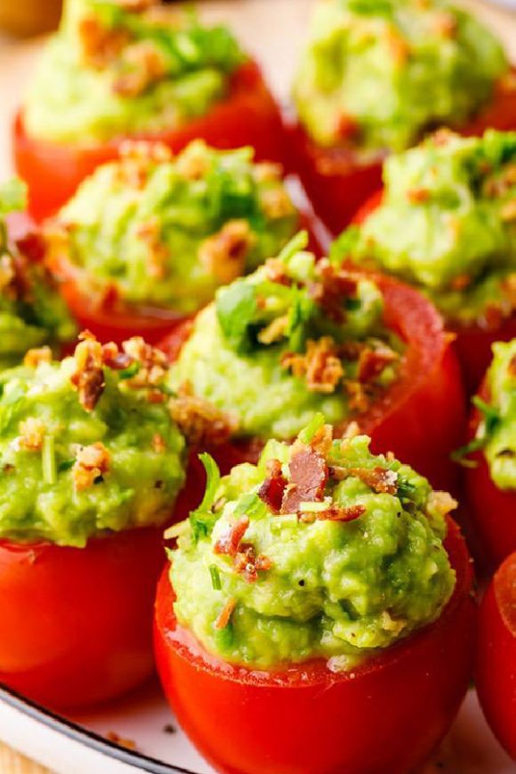 Guacamole Stuffed BLT Tomato Bites | CatchMyParty.com Guacamole Stuffed BLT Tomato Bites