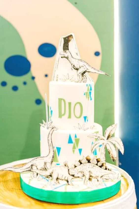 Illustrated Dinosaur Cake with Geometric Shapes