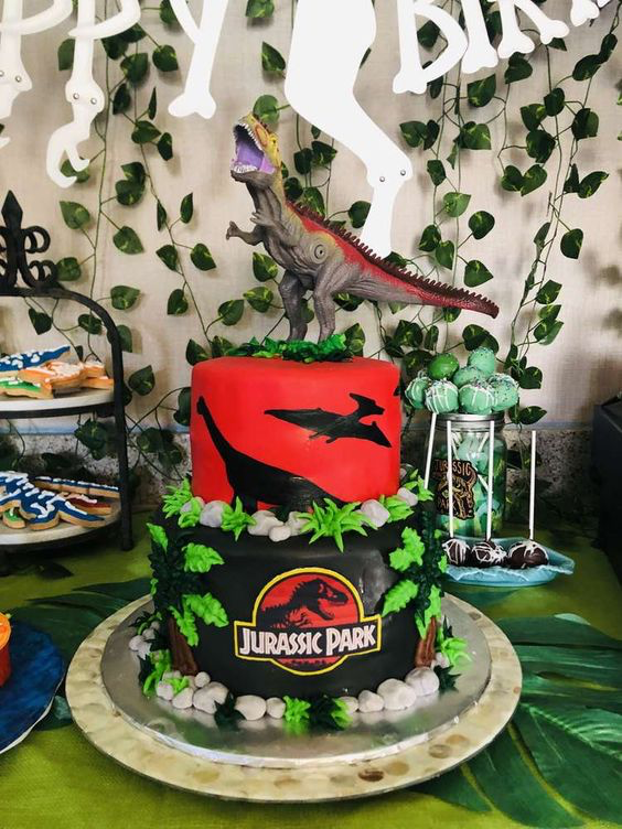 Red and Black Jurassic Park Dinosaur Cake