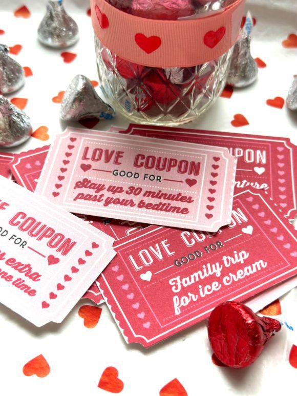 Valentine's Day Kids' Love Coupons displayed with mason jar as a gift.