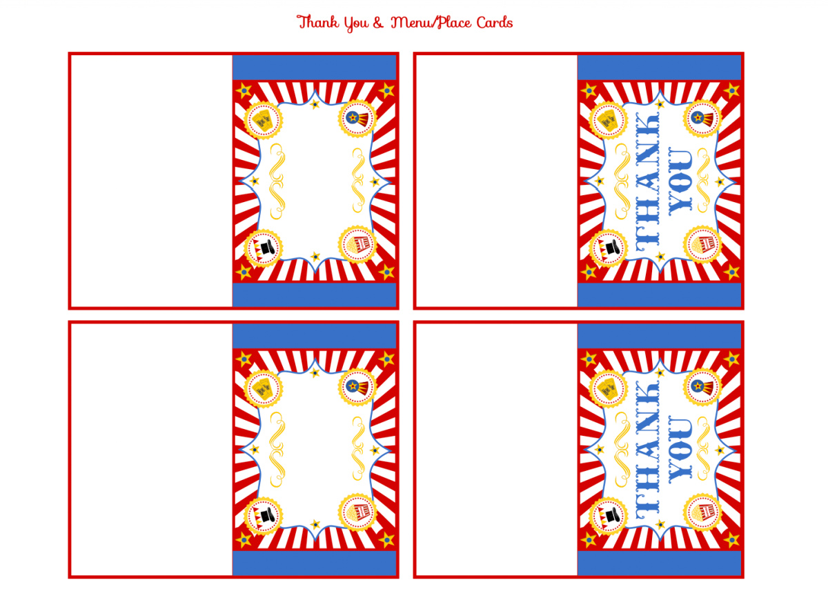 Download These FREE Circus Printables for a Fun Party - Circus 'Thank You' and 'Menu /Place Cards'