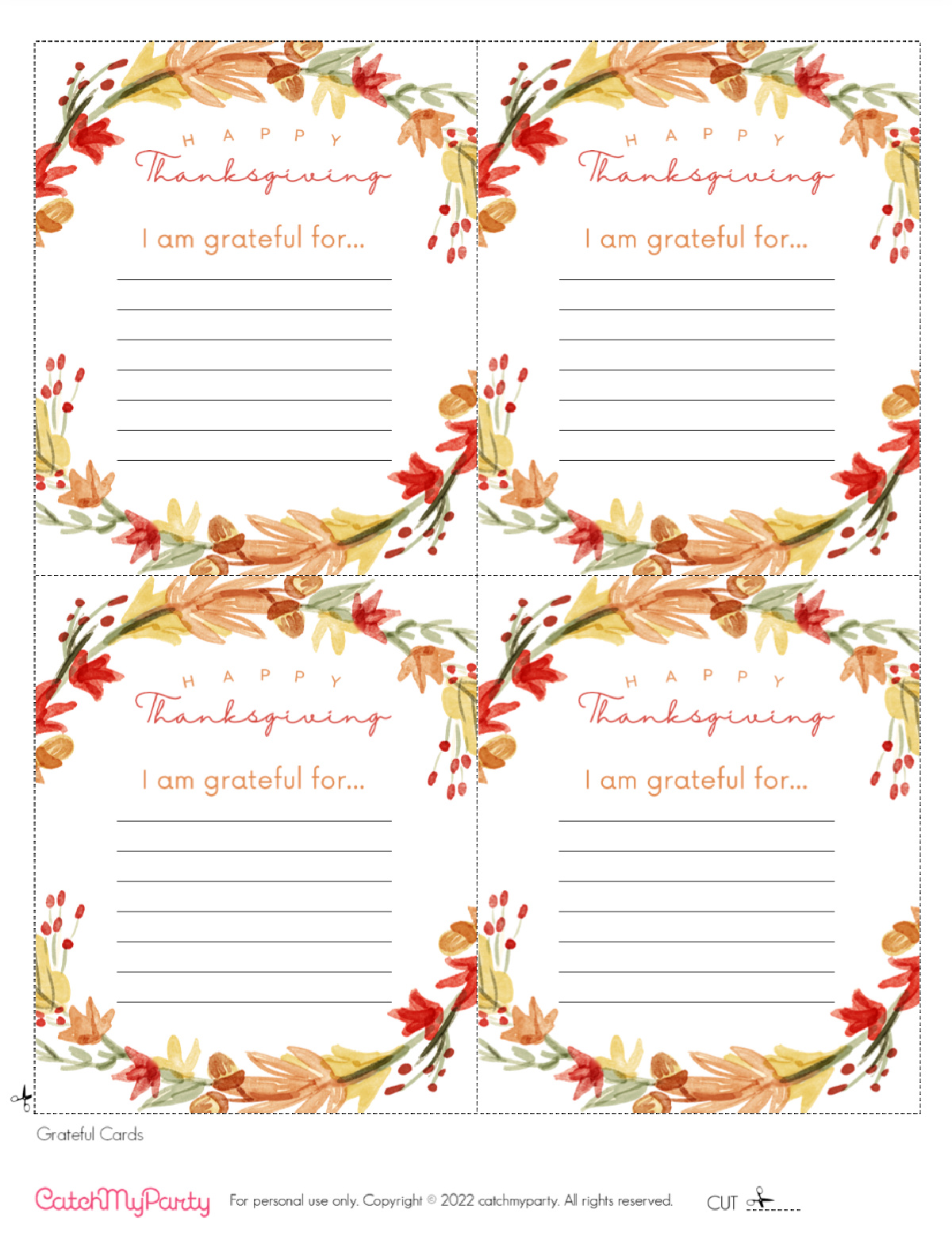 Download these FREE Thanksgiving Printables - "I am Grateful For..." Thanksgiving Cards