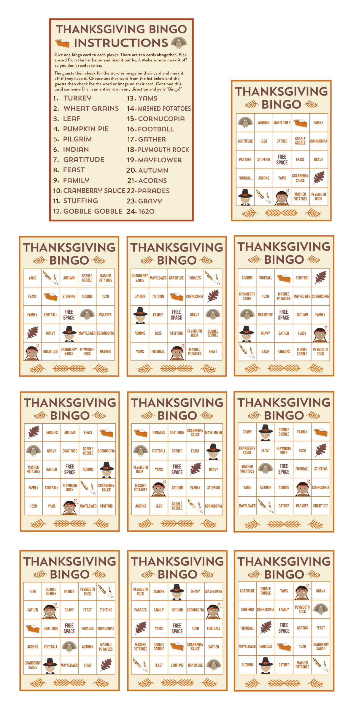 FREE Printable Thanksgiving Bingo Game (10 Cards)🦃