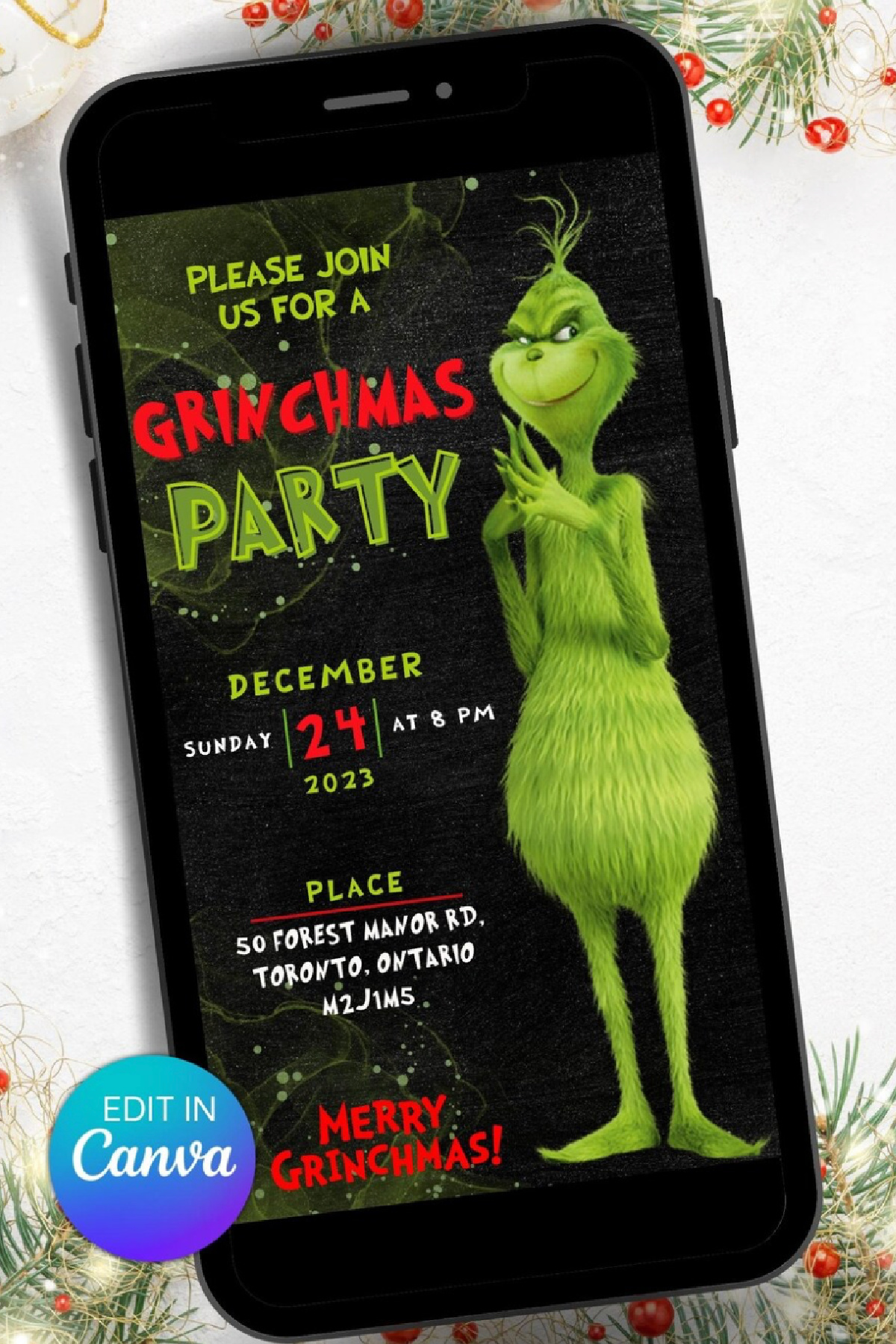 Editable Digital Grinchmas Party Invitation Editable Digital Grinchmas Party Invitation