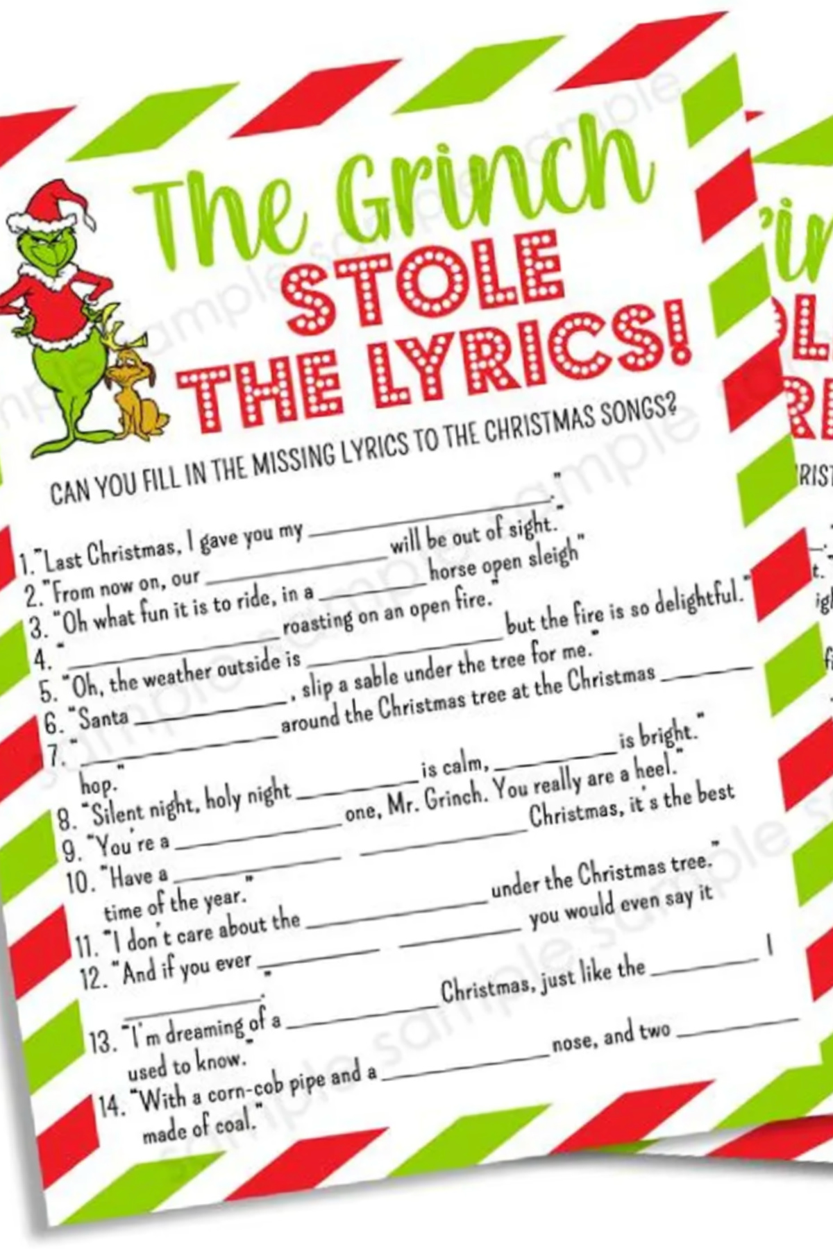 Printable Grinch Party Game – Stole the Lyrics Printable Grinch Party Game – Stole the Lyrics
