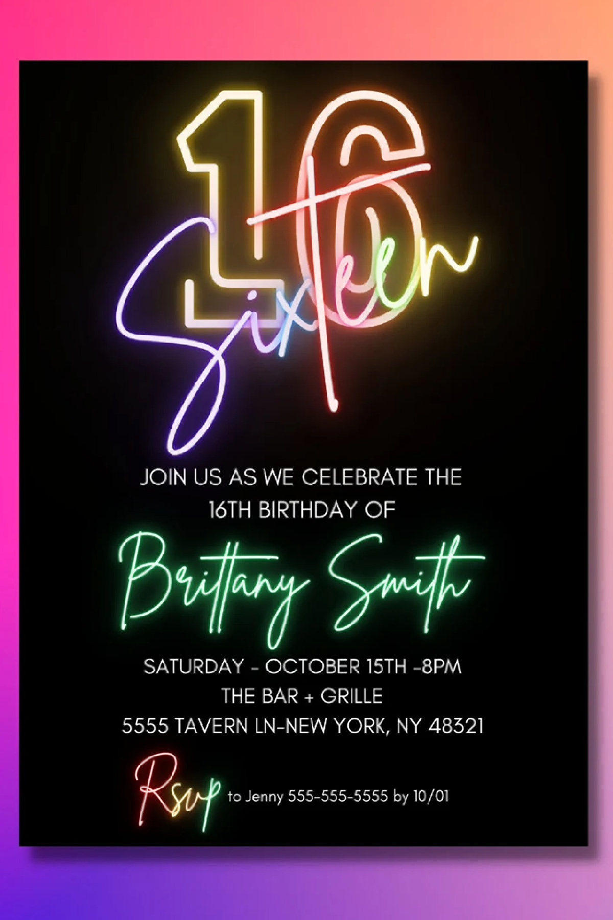 Sweet 16 Party Invitations - Glow in the Dark/Neon Sweet 16 Party  Invitation