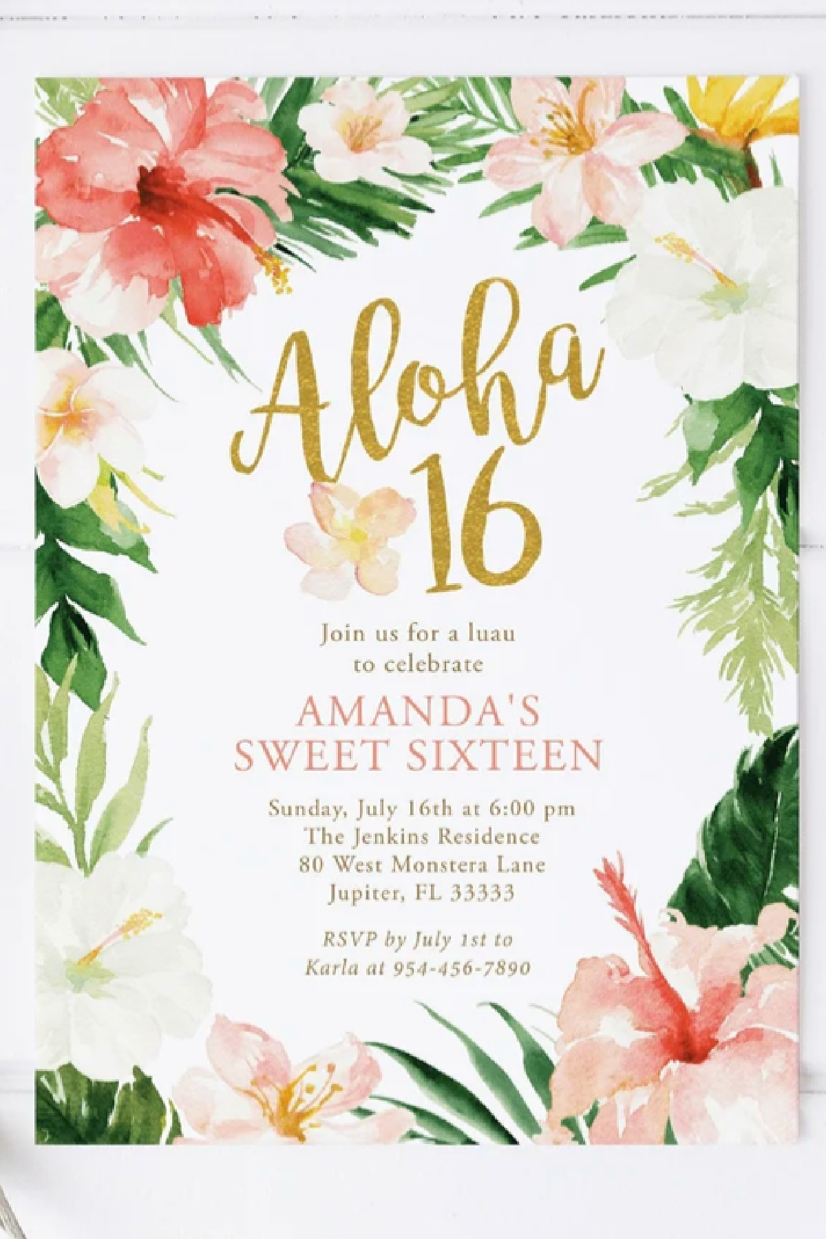 Sweet 16 Party Invitations - Tropical Luau Sweet 16 Party Invitation