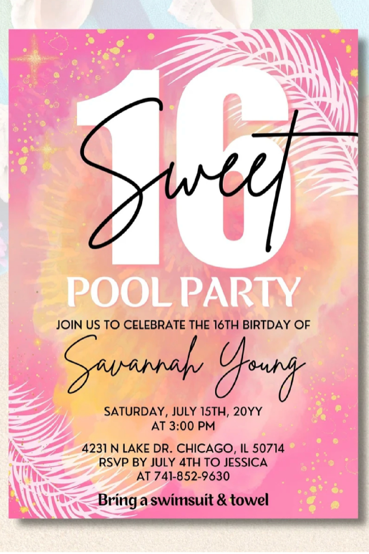 Sweet 16 Party Invitations - Summer Pool Sweet 16 Party Invitation