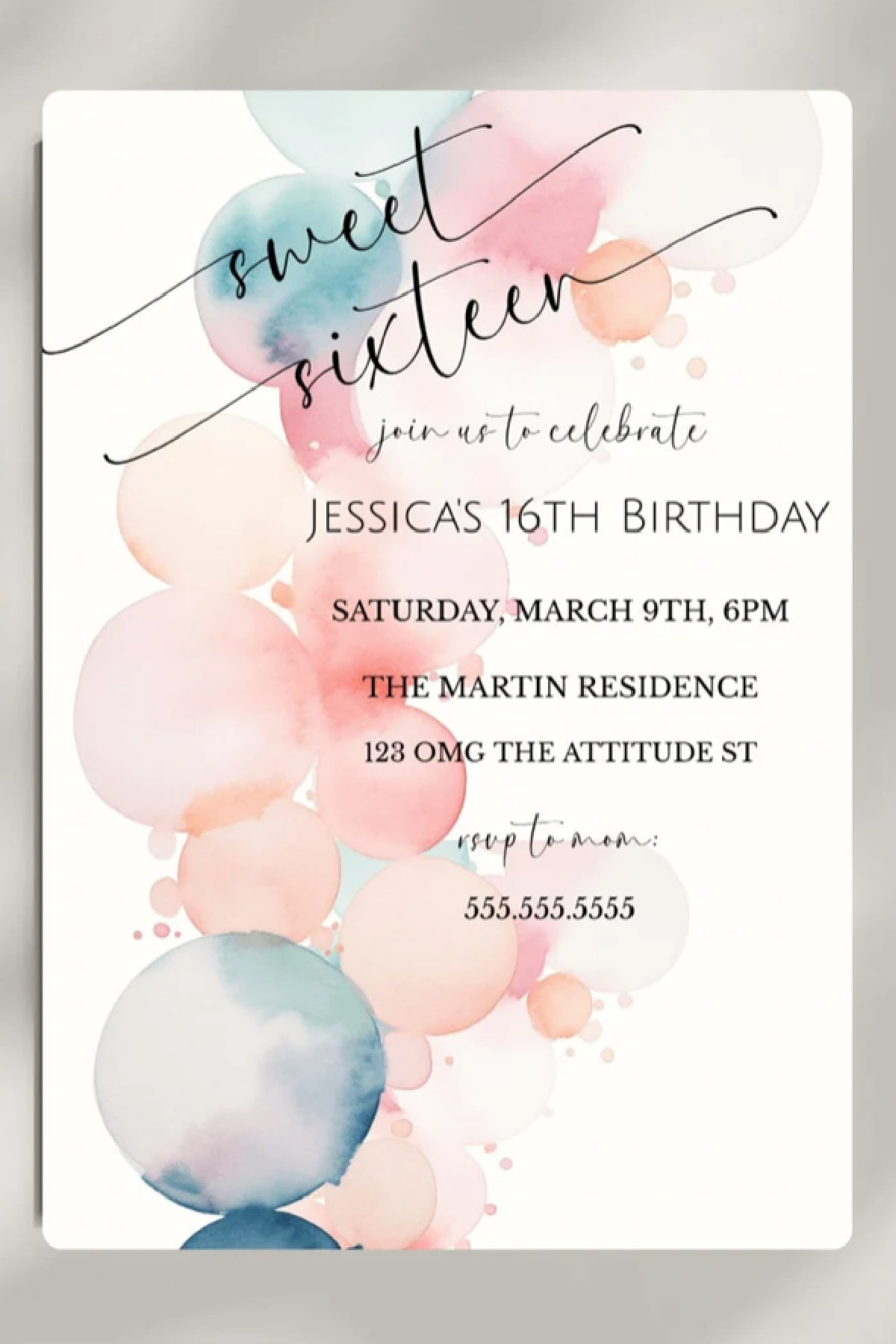 Sweet 16 Party Invitations - Watercolor 16 Party Invitation