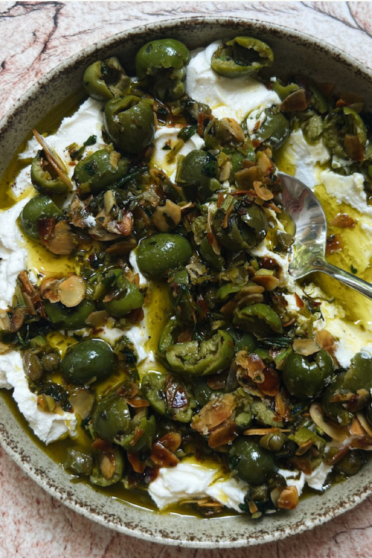 Ricotta With Crushed Olives, Almonds & Lemon